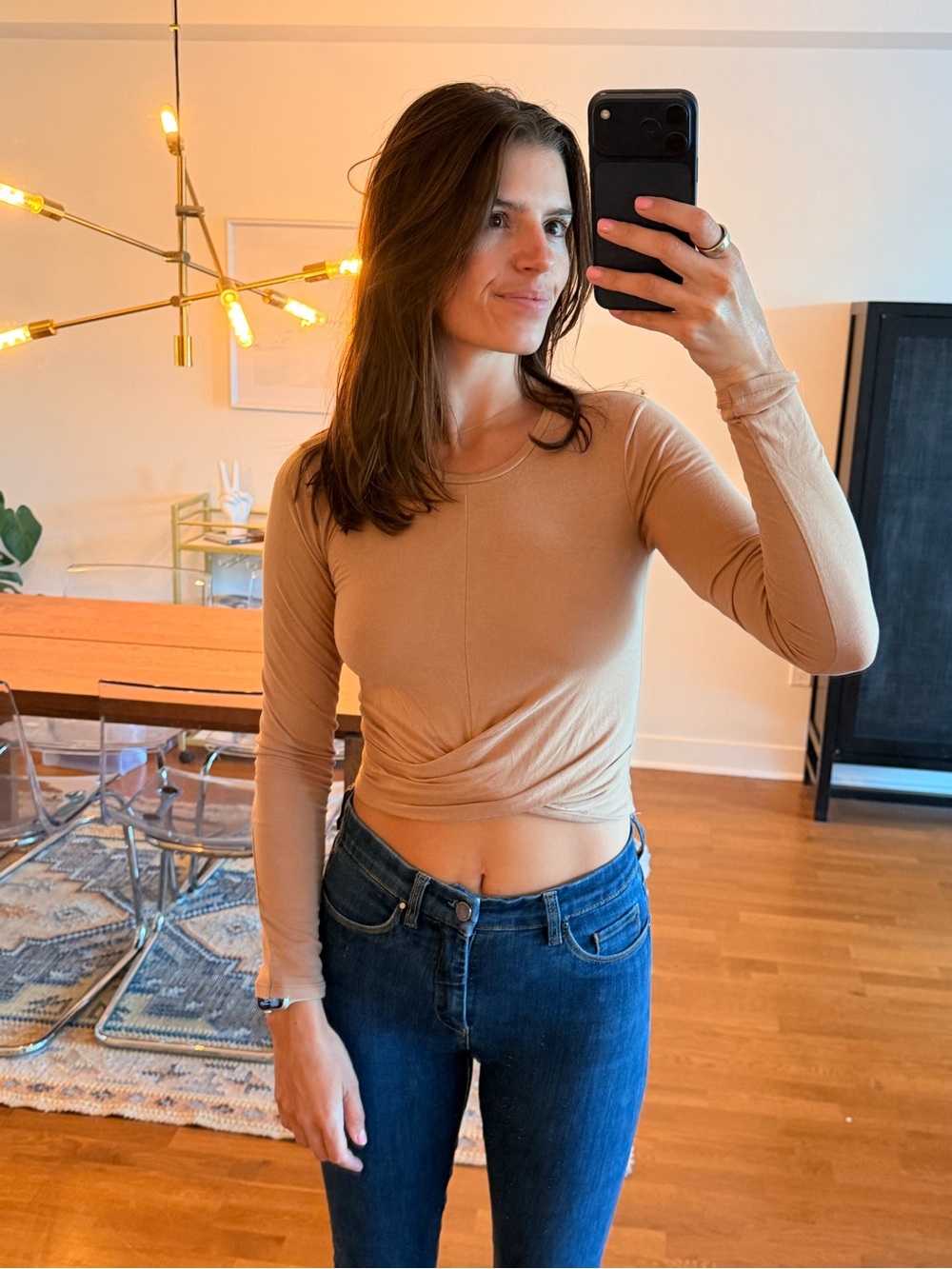 Zara Long-Sleeve Twist Front Crop Top - Tan
